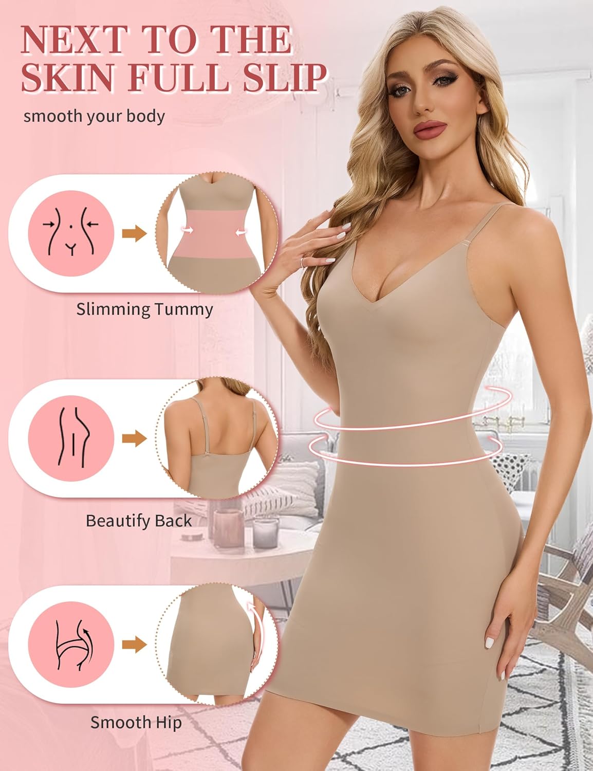 SLIMBELLE Shapewear Slips For Under Dress Deep V Neck Adjustable Strap Tummy Control Full Slip Seamless Shaper For Women - Image 2