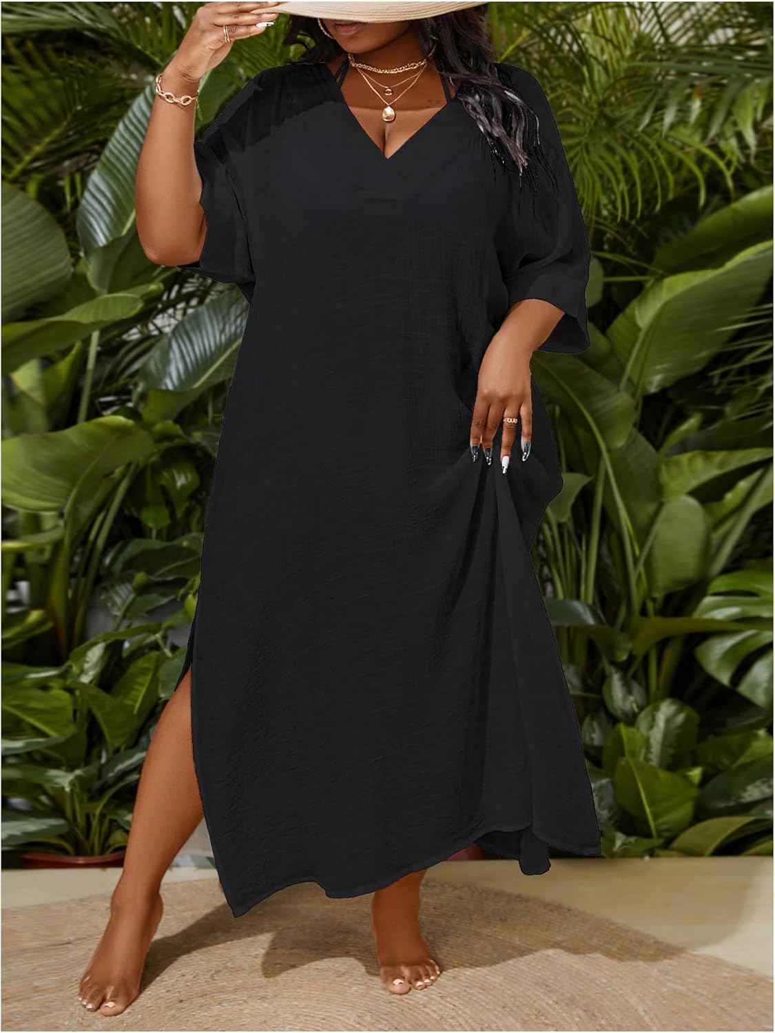 WDIRARA Women's Plus Size Swimwear V Neck Half Sleeve Split Side Cover Up Beach Dress - Image 5