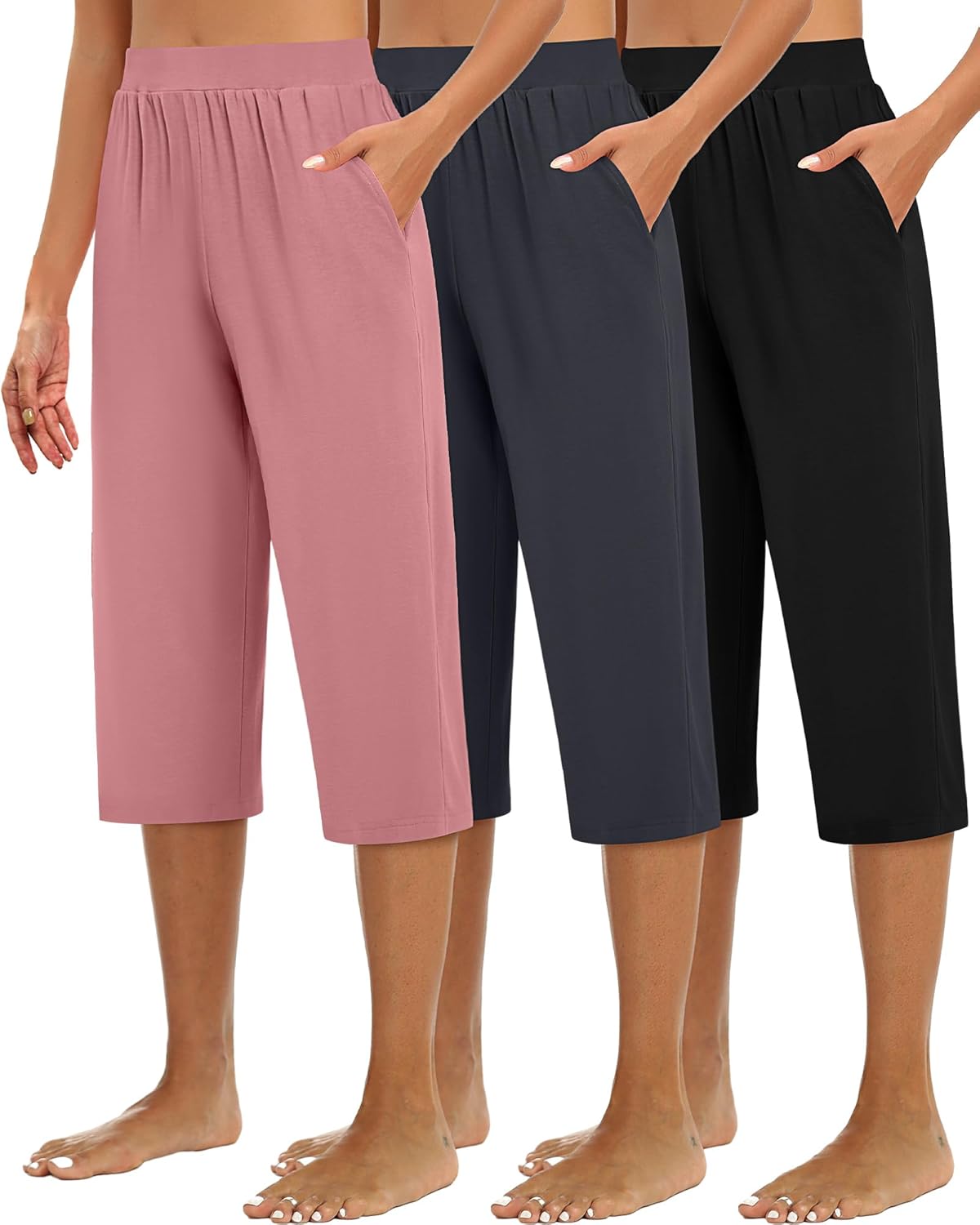 Huukeay 3 Pack Women's Capri Sweatpants Cozy Wide Legs Cropped Capri with Pockets Lounge Jogger Pants Workout Yoga Solid