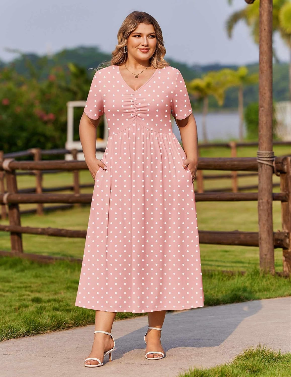 IN'VOLAND Women Plus Size Short Sleeve Dress Summer Casual V-Neck Ruched Aline Midi Dresses with Pockets - Image 2