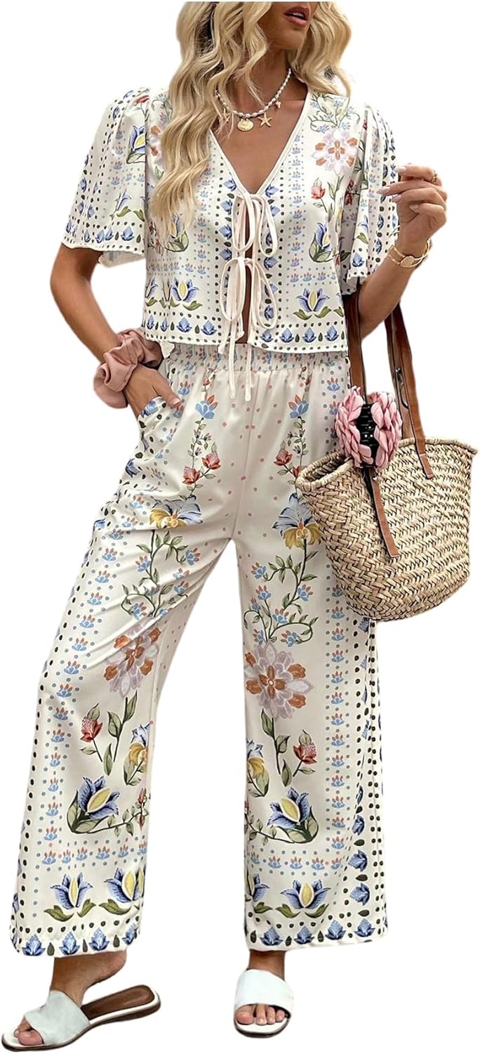 WDIRARA Women's Boho Floral 2 Piece Palazzo Pants Set Short Sleeve Tie Front Blouse Wide Leg Pants Vacation Outfits