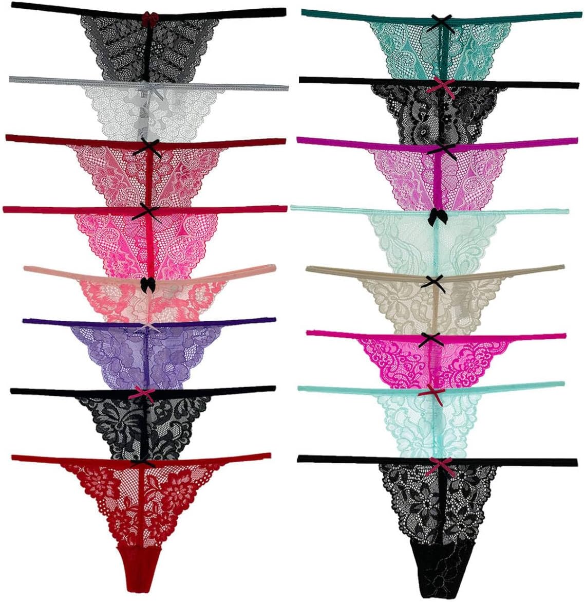 Pack of 6 Women Lacy G-String Thongs No Show Panties Sexy Underwear Assorted Lace Pattern and Colors