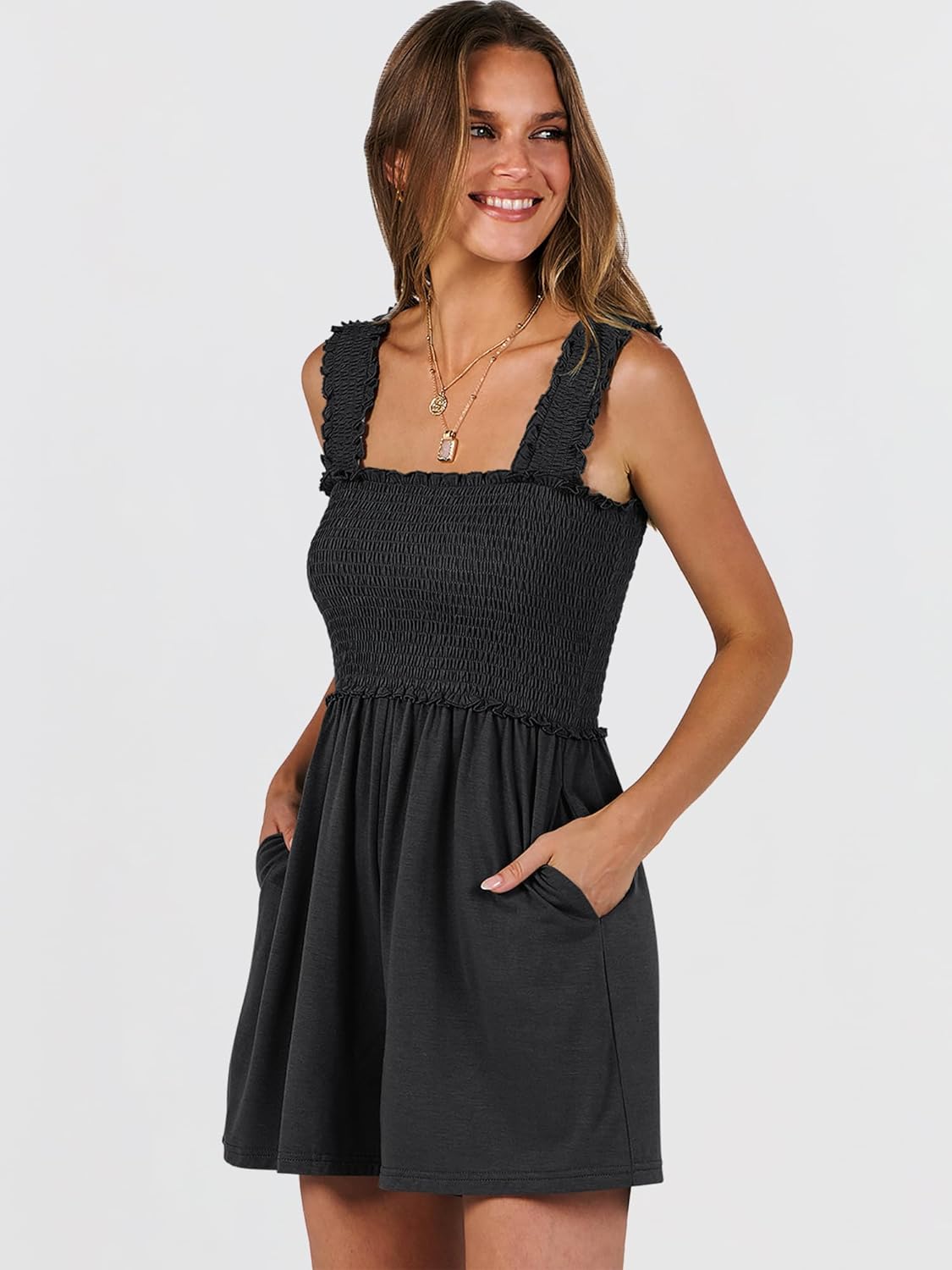 Caracilia Women's Summer Casual Smocked Rompers Square Neck Sleeveless Loose Shorts Jumpsuit 2026 Beach Vacation Outfits - Image 3