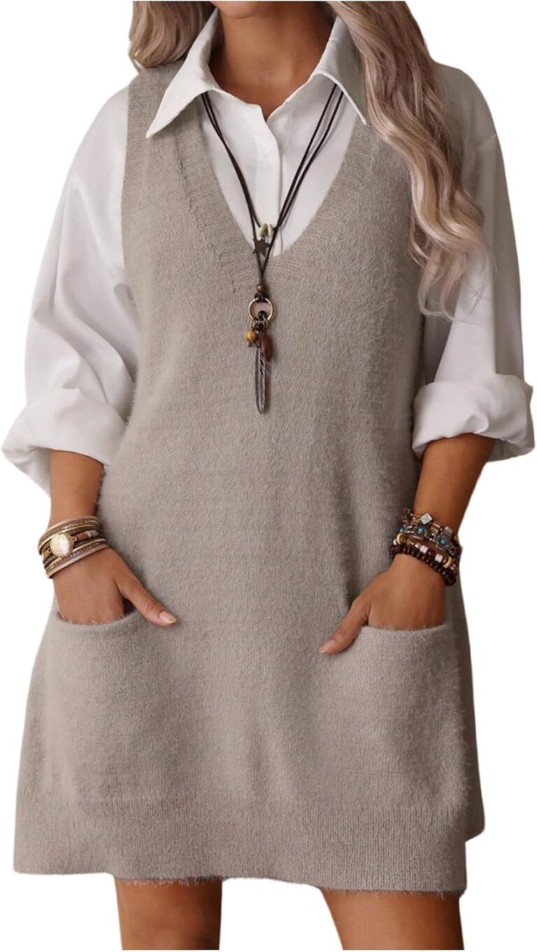 OYOANGLE Women's V Neck Sleeveless Sweater Vest Dress Fall Knitted Short Jumper Dresses with Pockets