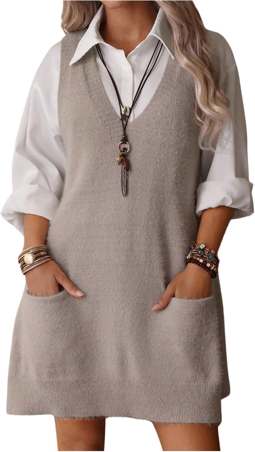 OYOANGLE Women's V Neck Sleeveless Sweater Vest Dress Fall Knitted Short Jumper Dresses with Pockets