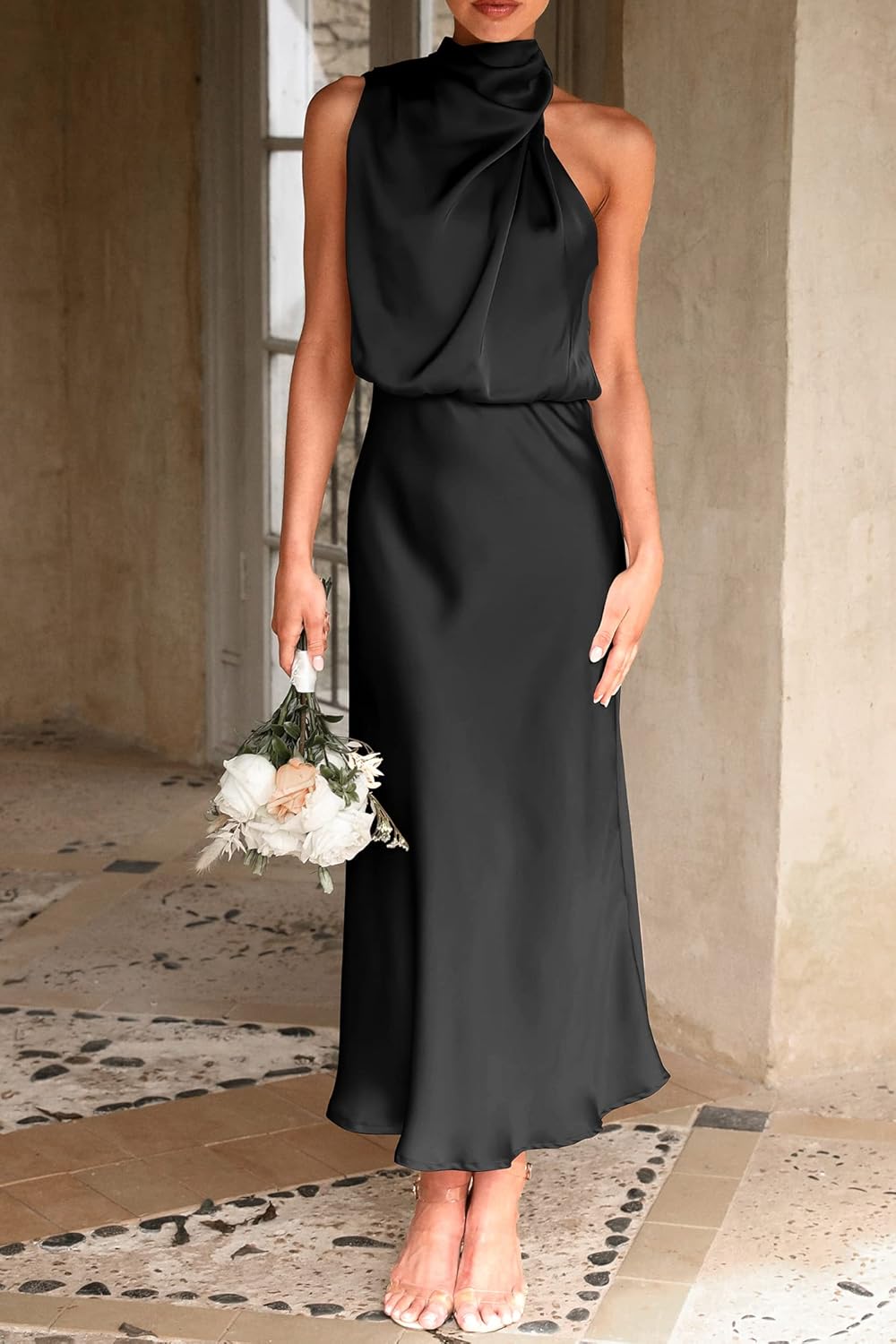 PRETTYGARDEN Women's 2026 Summer Satin Dress Elegant Sleeveless Mock Neck Cocktail Party Maxi Dresses - Image 5