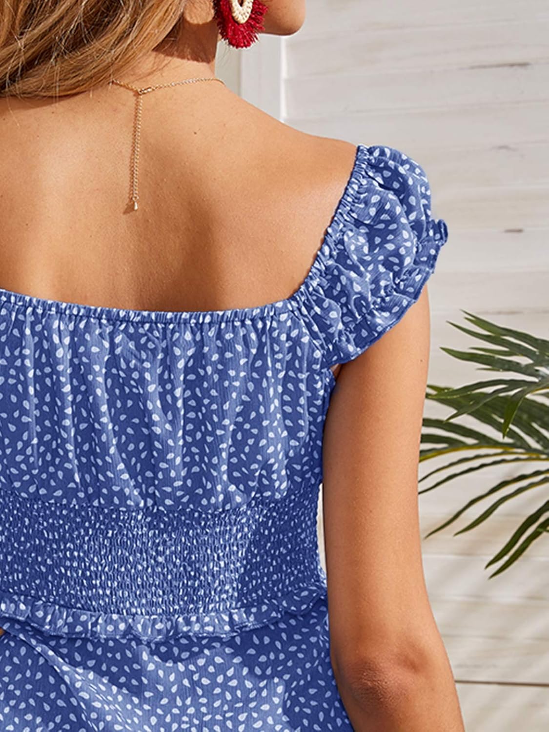 Valphsio Womens Smocked Dress Ruffle Floral Tie Front Boho Short Dresses - Image 3