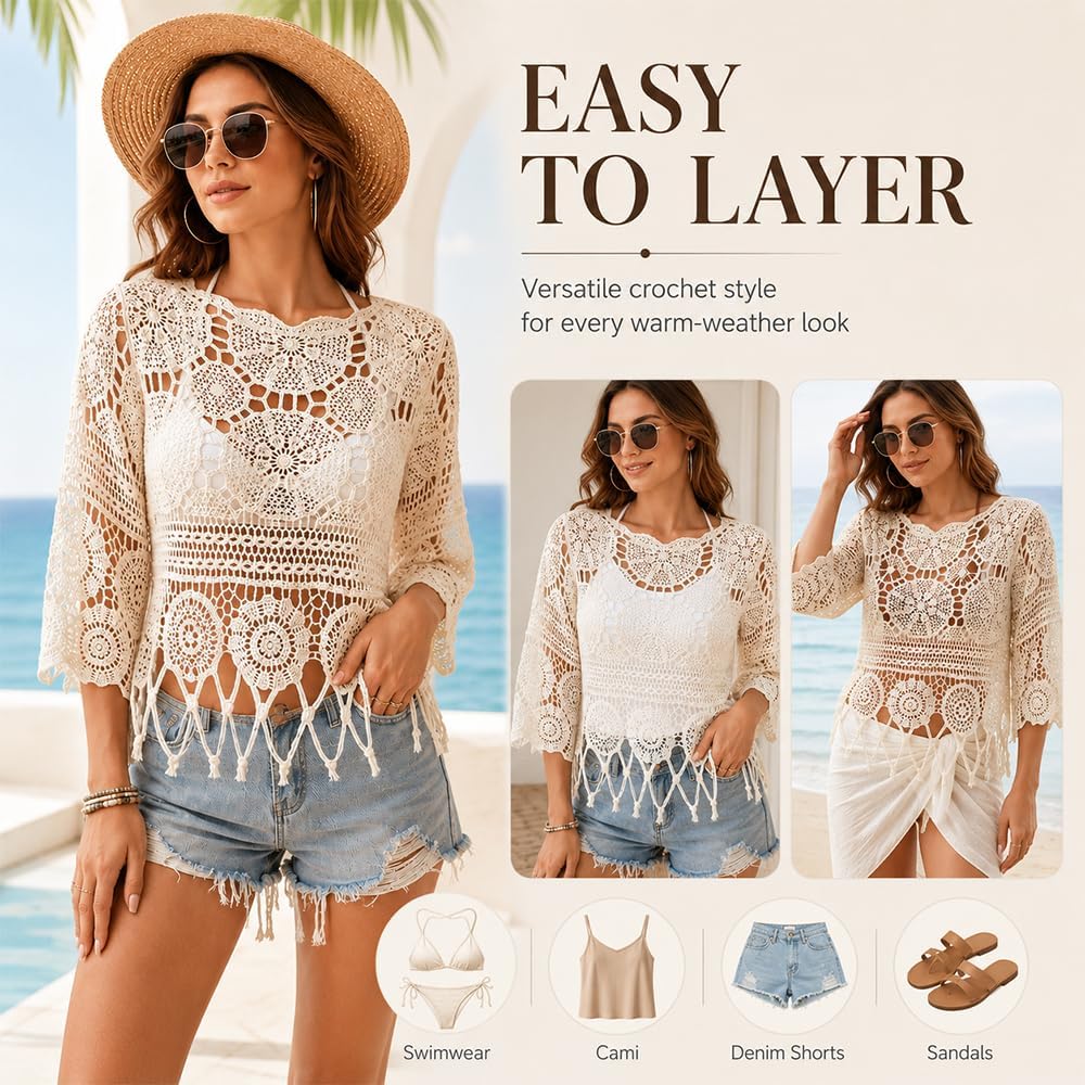 Womens Plain Fringe Trim Cut Out Sheer Cover Up, Boho Scallop Trim 3/4 Sleeve Round Neck Beach Cover Up - Image 6