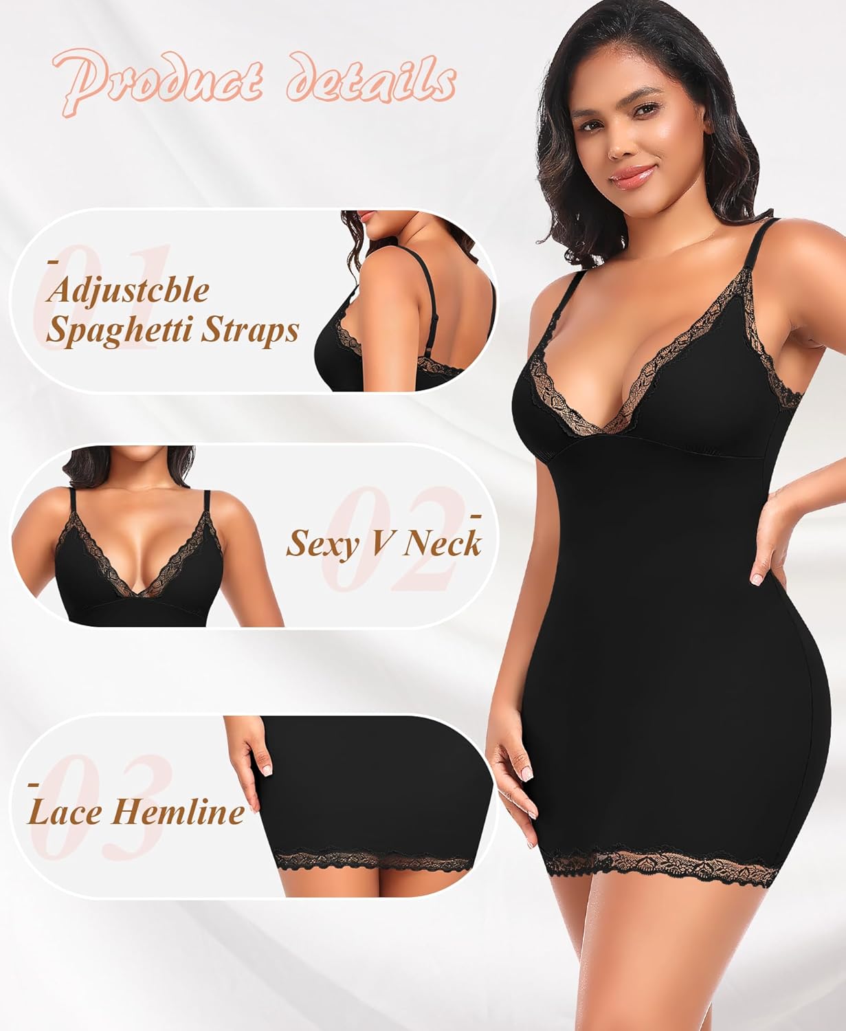 DERCA Slip Dress for Women Adjustable Spaghetti Strap V Neck Full Slips Under Dresses Camisole Slip Nightgown - Image 4