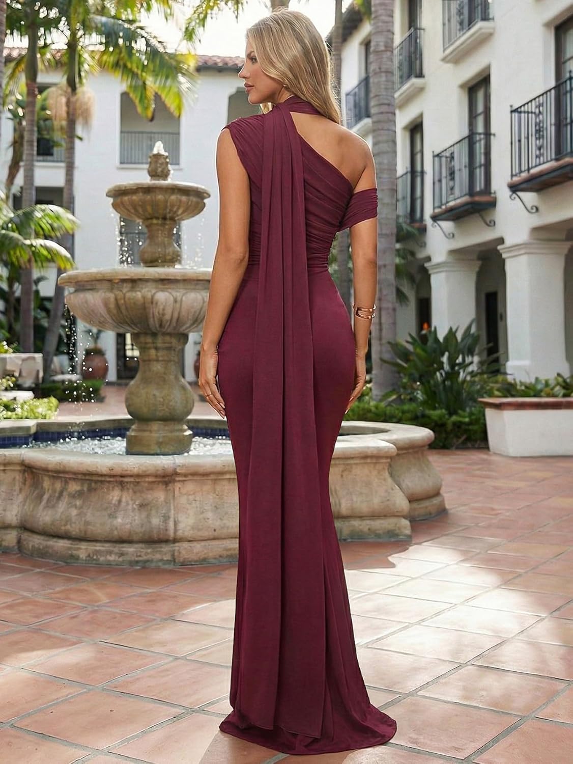 Isolde Women's One Shoulder Formal Evening Gown Built-in Bra Ribbon Elegant Bodycon Mesh Ruched Maxi Dress - Image 3