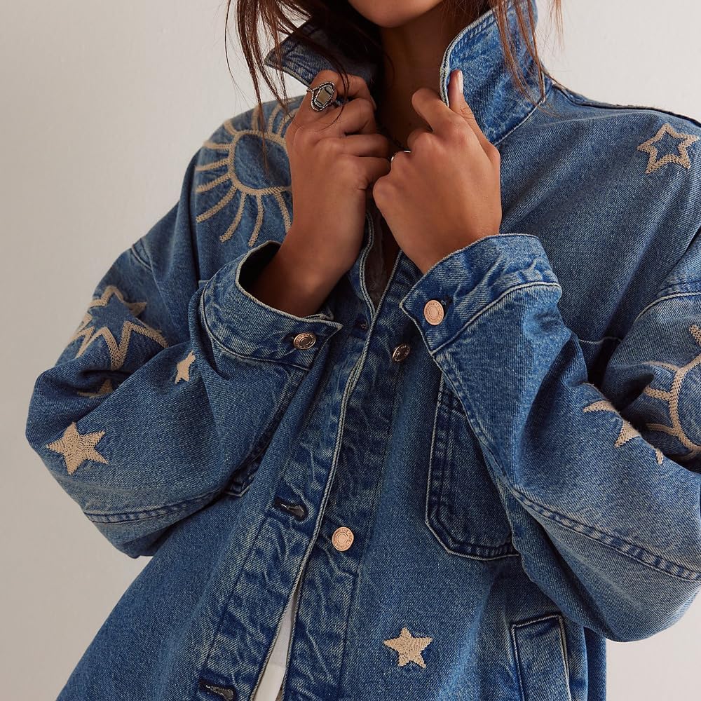utcoco Women's Vintage Oversized Denim Jacket Embroidered Graphic Casual Loose Fit Button Down Jean Jacket - Image 3