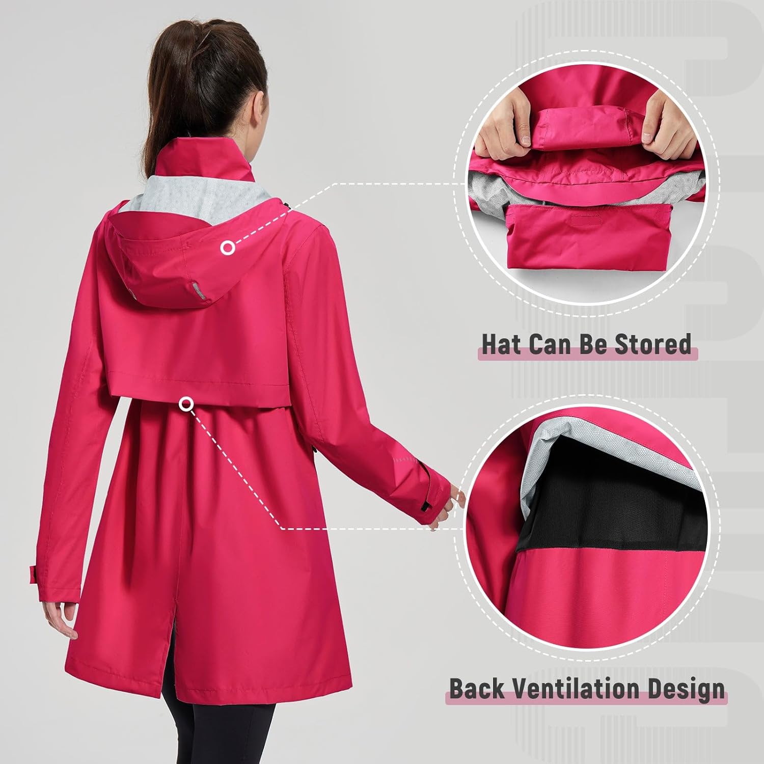 baleaf Women's Long Rain Coat Packable Waterproof Windbreaker Lightweight Cycling Jacket with Hood - Image 3
