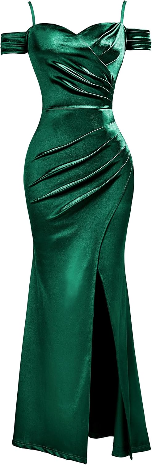 Miusol Women's Sexy Off Shoulder Satin High Split Ruched Style Evening Party Maxi Dress - Image 5