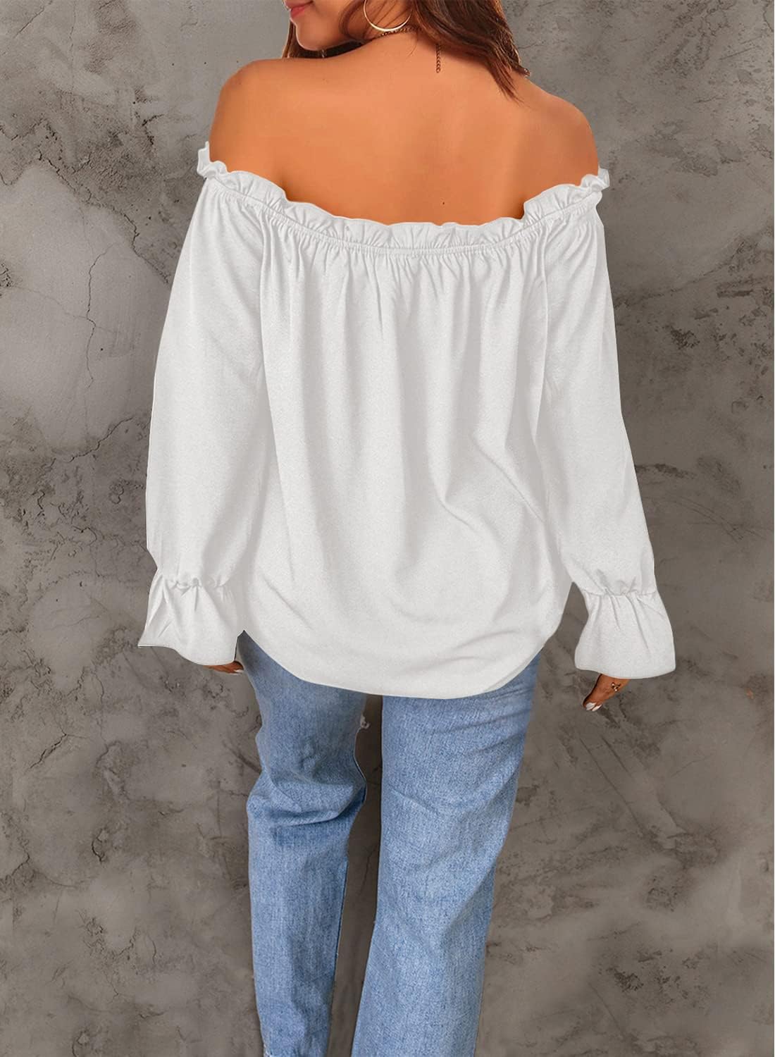 Spriolim Women's Off Shoulder Top Ruffle Long Sleeve Chiffon Blouse Casual Loose Shirts - Image 4
