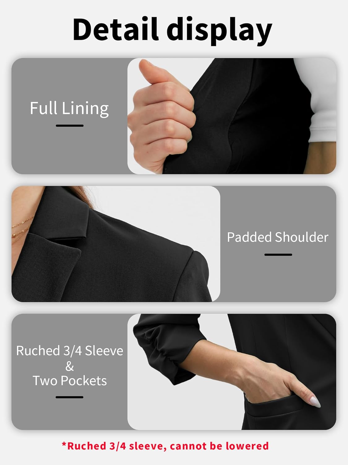 ELLEVEN Women's Ruched 3/4 Sleeve Blazers, Lightweight Slim Fit Jackets with Padded Shoulder for Business Casual - Image 5