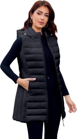 Long Puffer Vest for Women with Hoo...