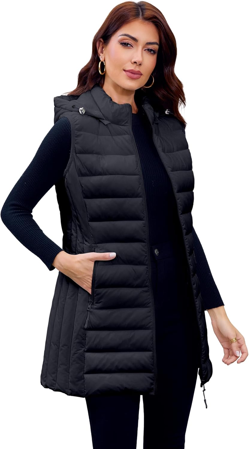 Long Puffer Vest for Women with Hood Lightweight Packable Sleeveless Vest for Spring, Fall & Winter