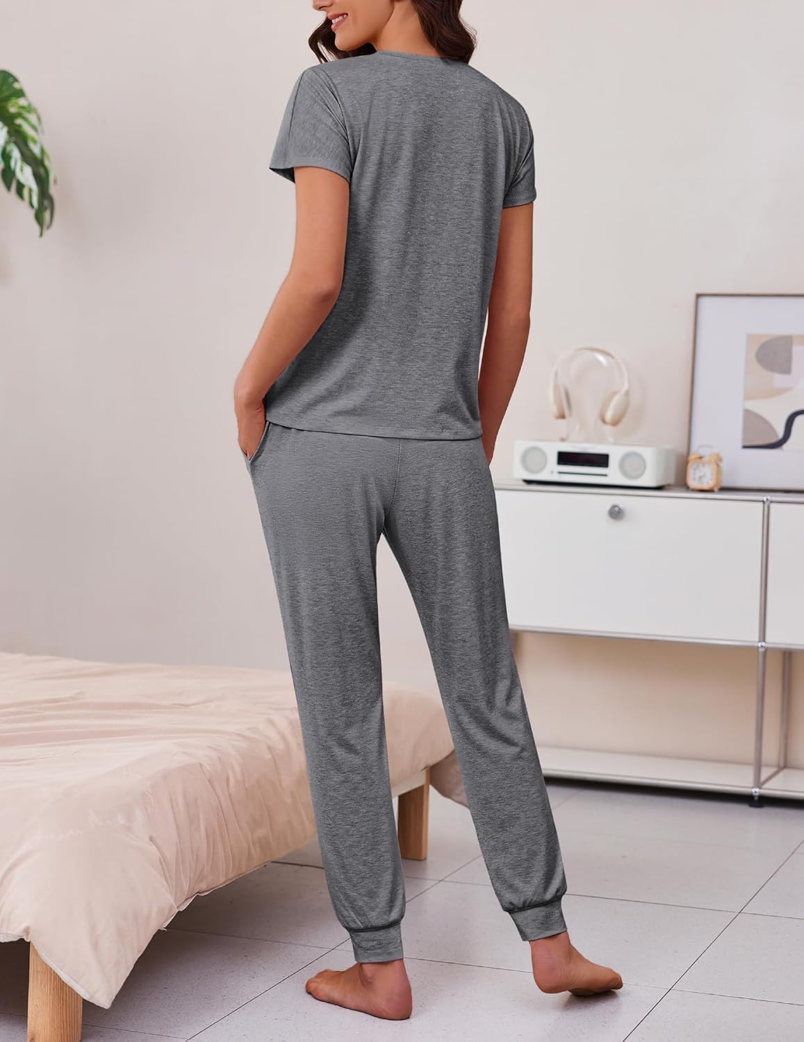 Ekouaer 2 pack Pajama Sets for Womens Jogger Pants Pjs Short Sleeves Lounge Set Soft Sleepwear with Pockets - Image 5