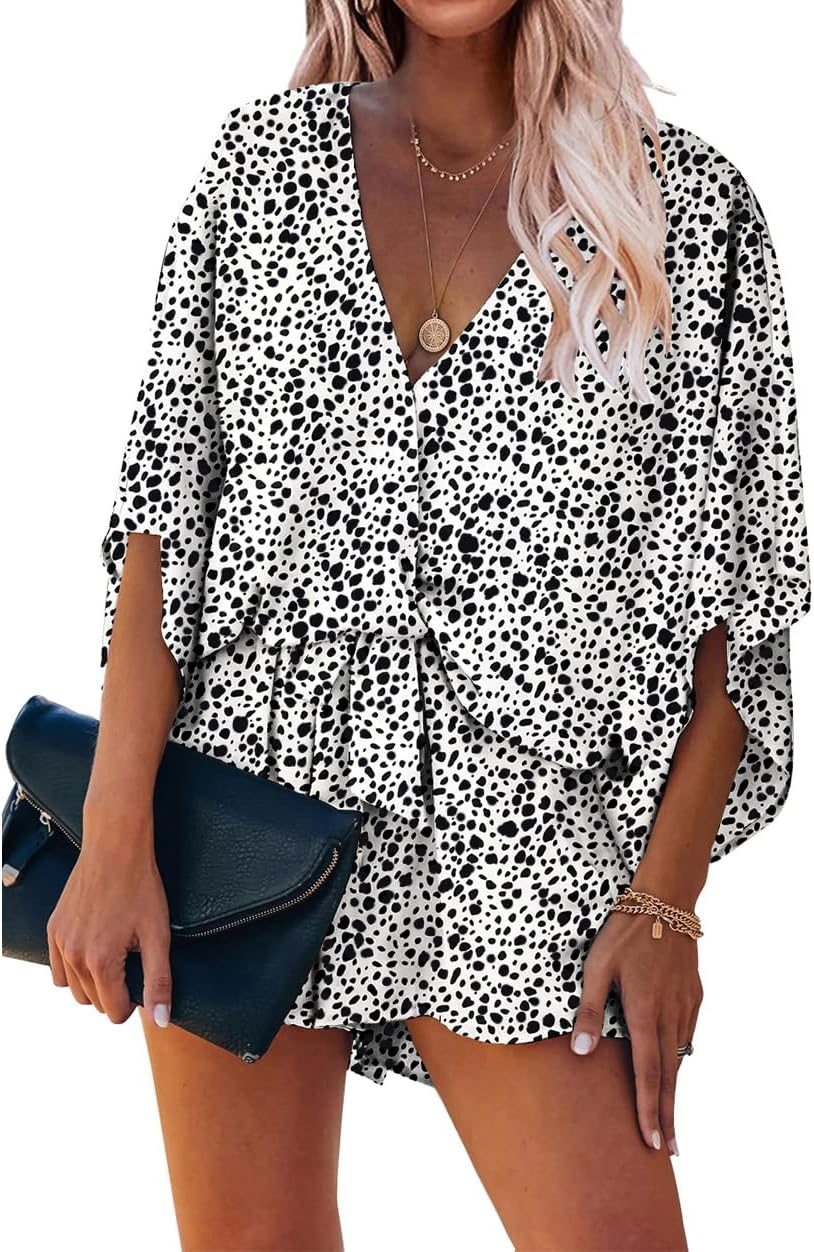 PRETTYGARDEN Women's Leopard Print Shorts Jumpsuit Wrap V Neck 3/4 Sleeve Casual Loose Oversized Romper With Pockets