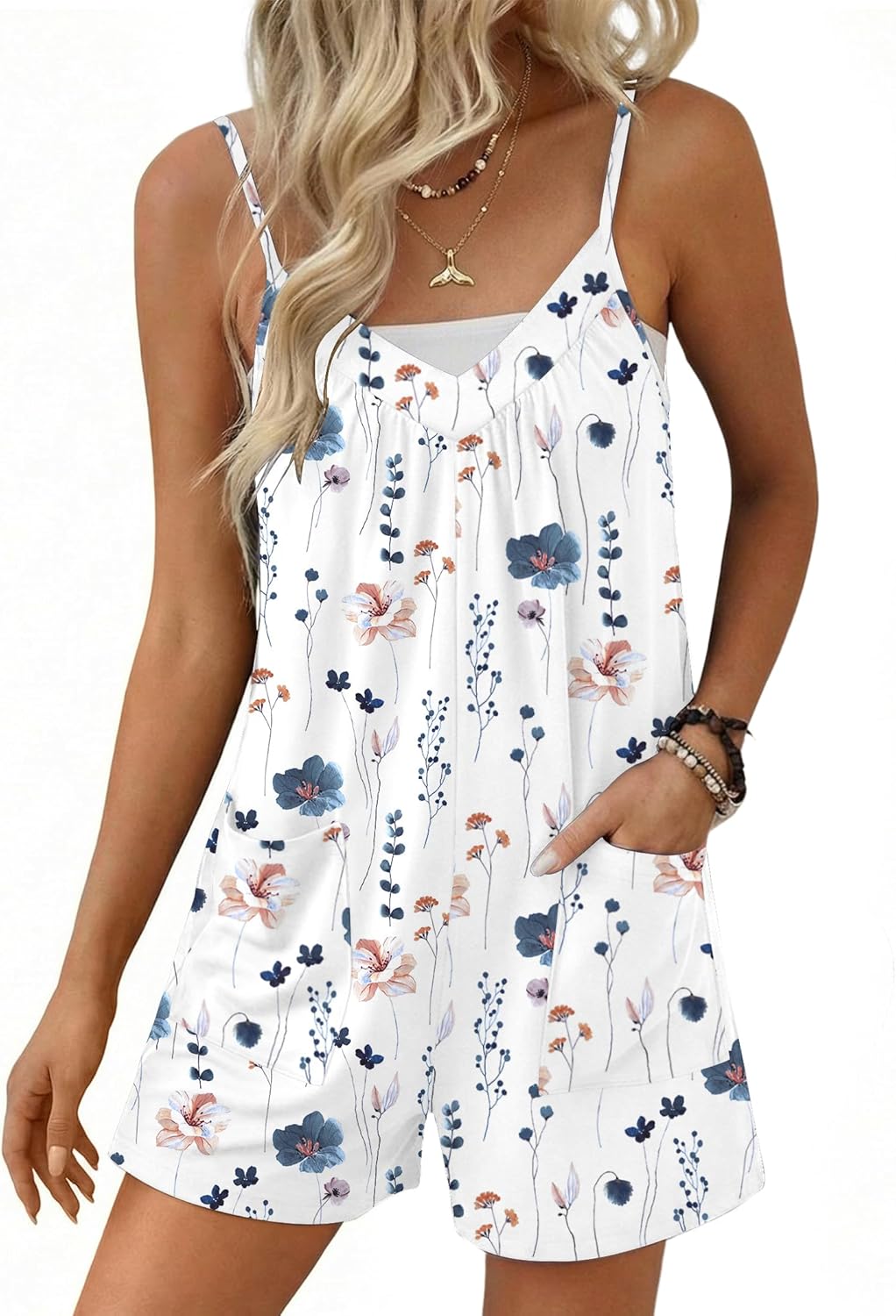 Ekouaer Womens Summer Casual Sleeveless Rompers 2026 Floral Loose Shorts Overalls Adjustable Boho Jumpsuits with Pockets