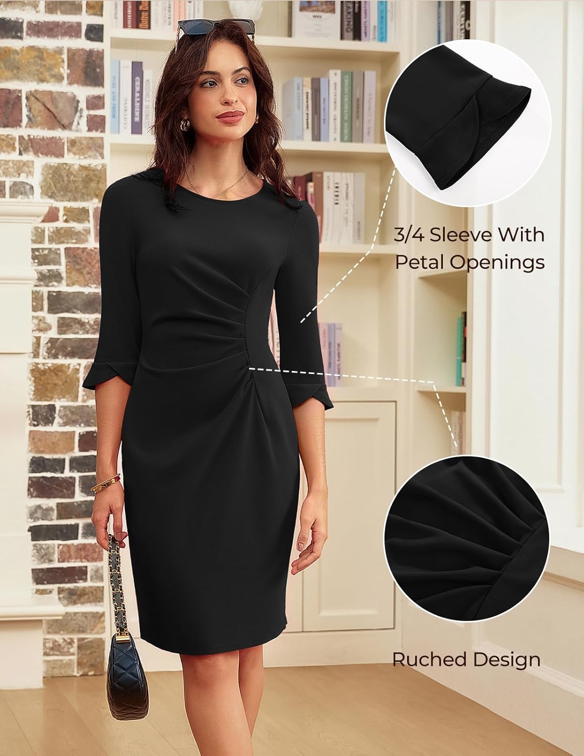 GRACE KARIN Work Dresses for Women 2026 3/4 Sleeve Sheath Business Dress Ruched Bodycon Church Cocktail Outfits - Image 4