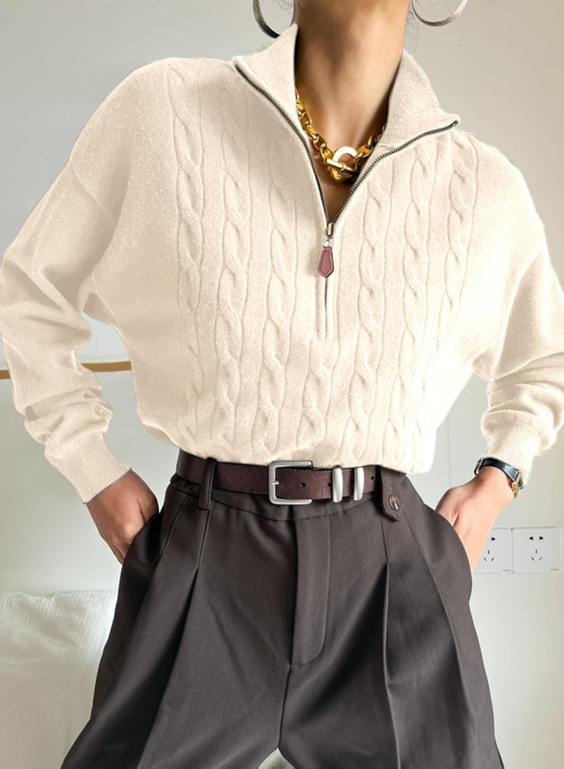 Dokotoo Women's Sweaters 2026 Fall Winter Quarter Zip Casual Ribbed Cable Knit Pullover - Image 4
