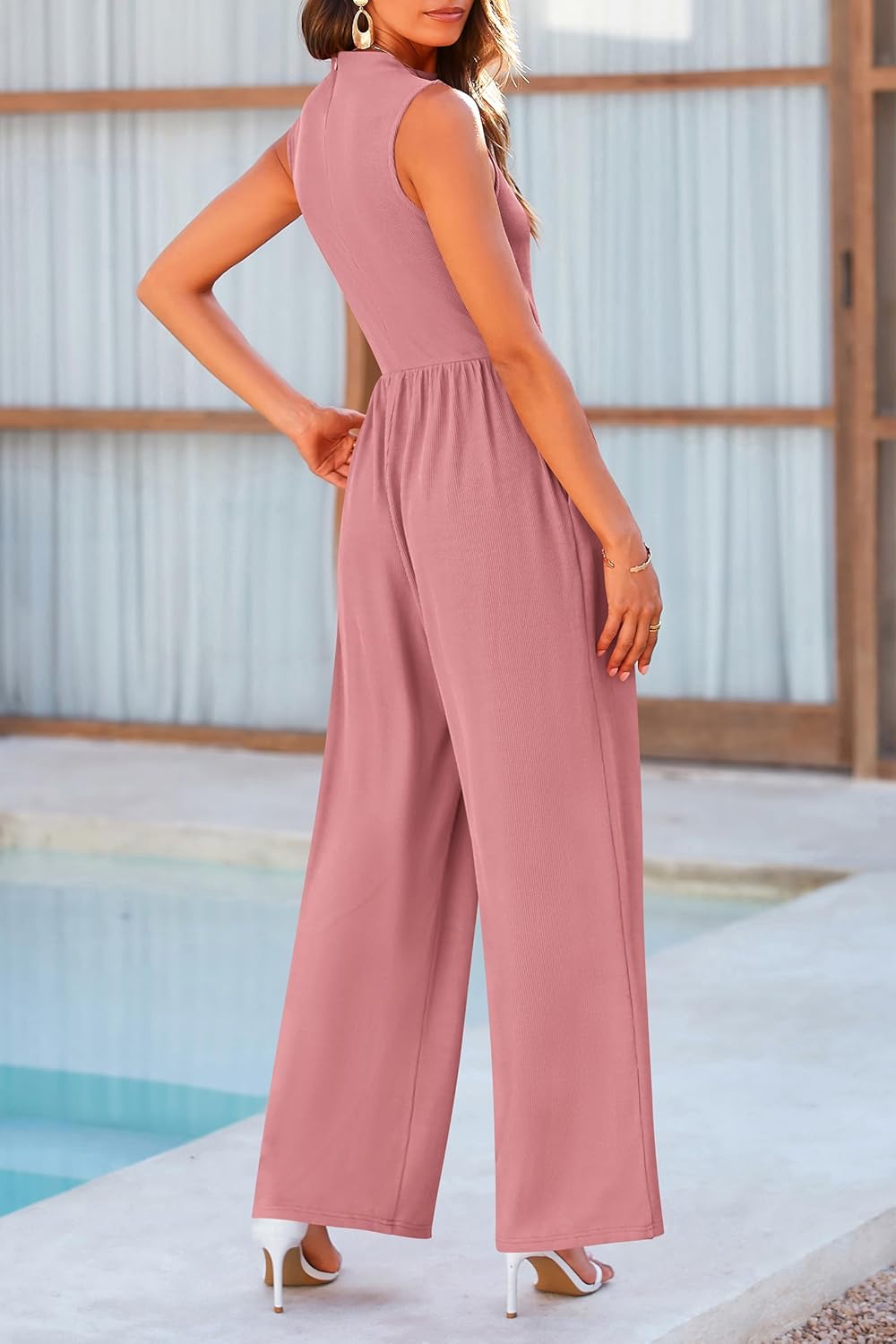 PRETTYGARDEN Womens Summer Jumpsuits Dressy Casual One Piece Outfits Sleeveless Mock Neck Wide Leg Pants Rompers with Pockets - Image 2