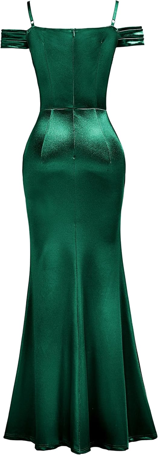 Miusol Women's Sexy Off Shoulder Satin High Split Ruched Style Evening Party Maxi Dress - Image 6