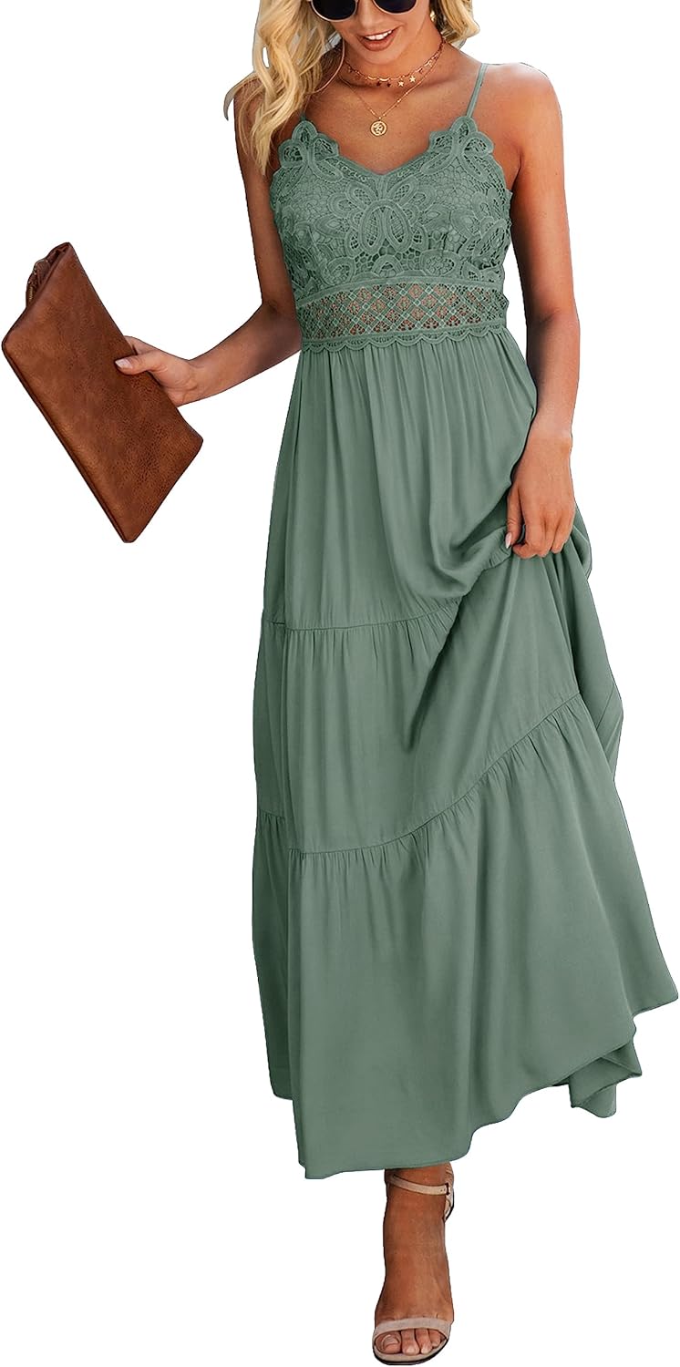 Dokuritu Women's Beach Crochet Lace Maxi Dress Solid Color Summer Vacation Spaghetti Strap Long Dress 2026