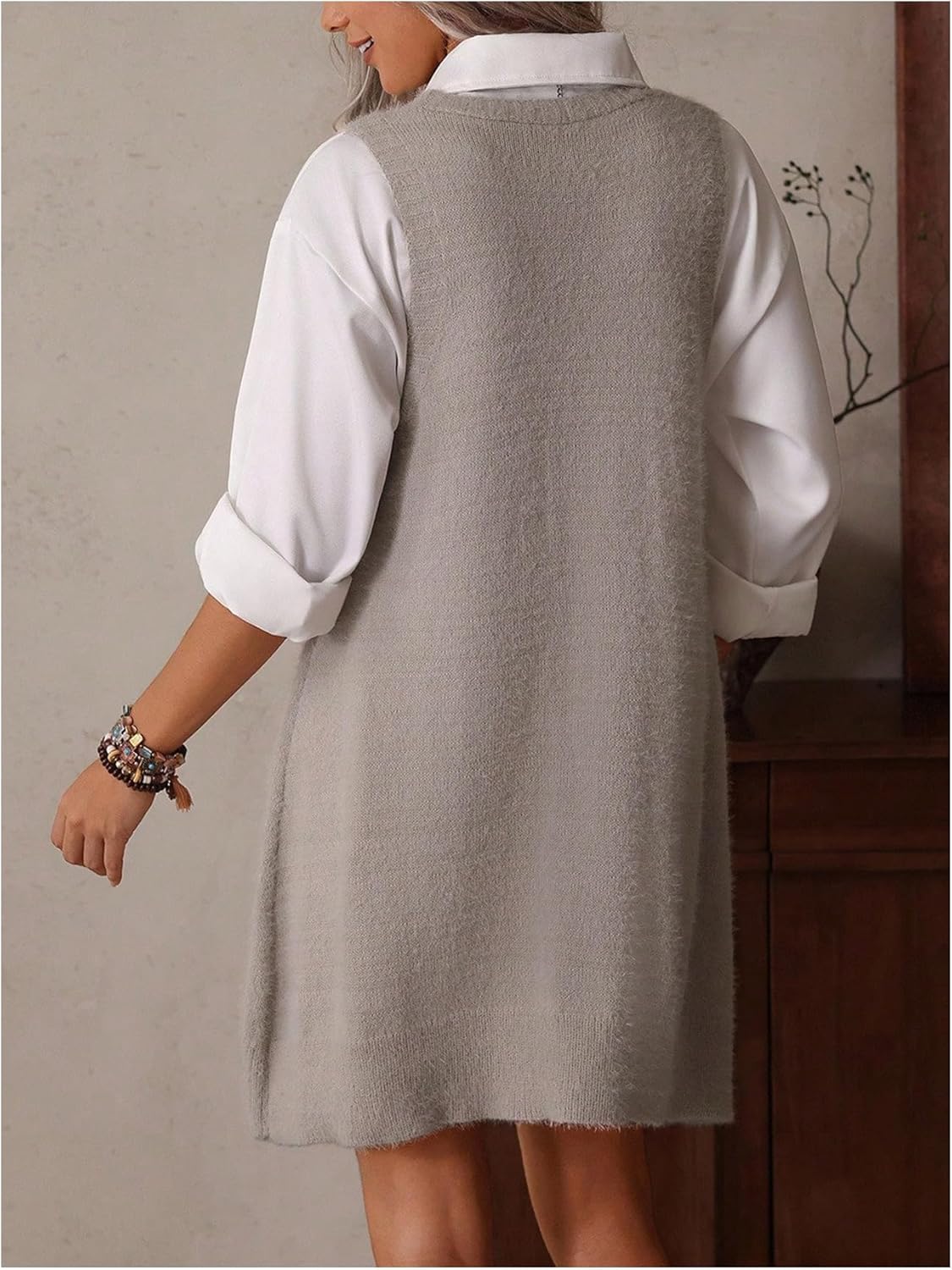 OYOANGLE Women's V Neck Sleeveless Sweater Vest Dress Fall Knitted Short Jumper Dresses with Pockets - Image 3