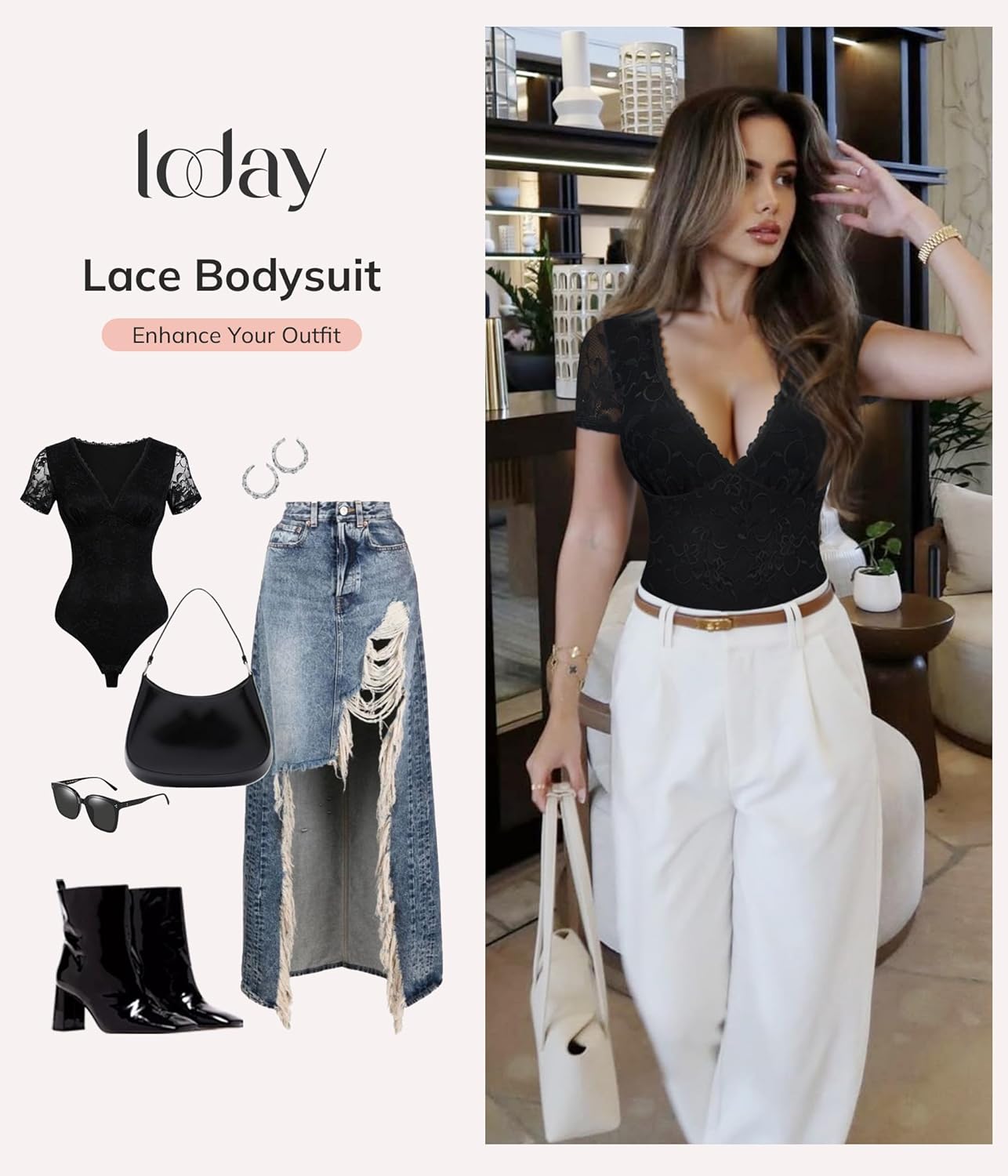 LODAY Lace Bodysuit Short Sleeve Bodysuit for Women Deep V Neck Body Suits Double Lined Bodysuit Slim Fit - Image 4