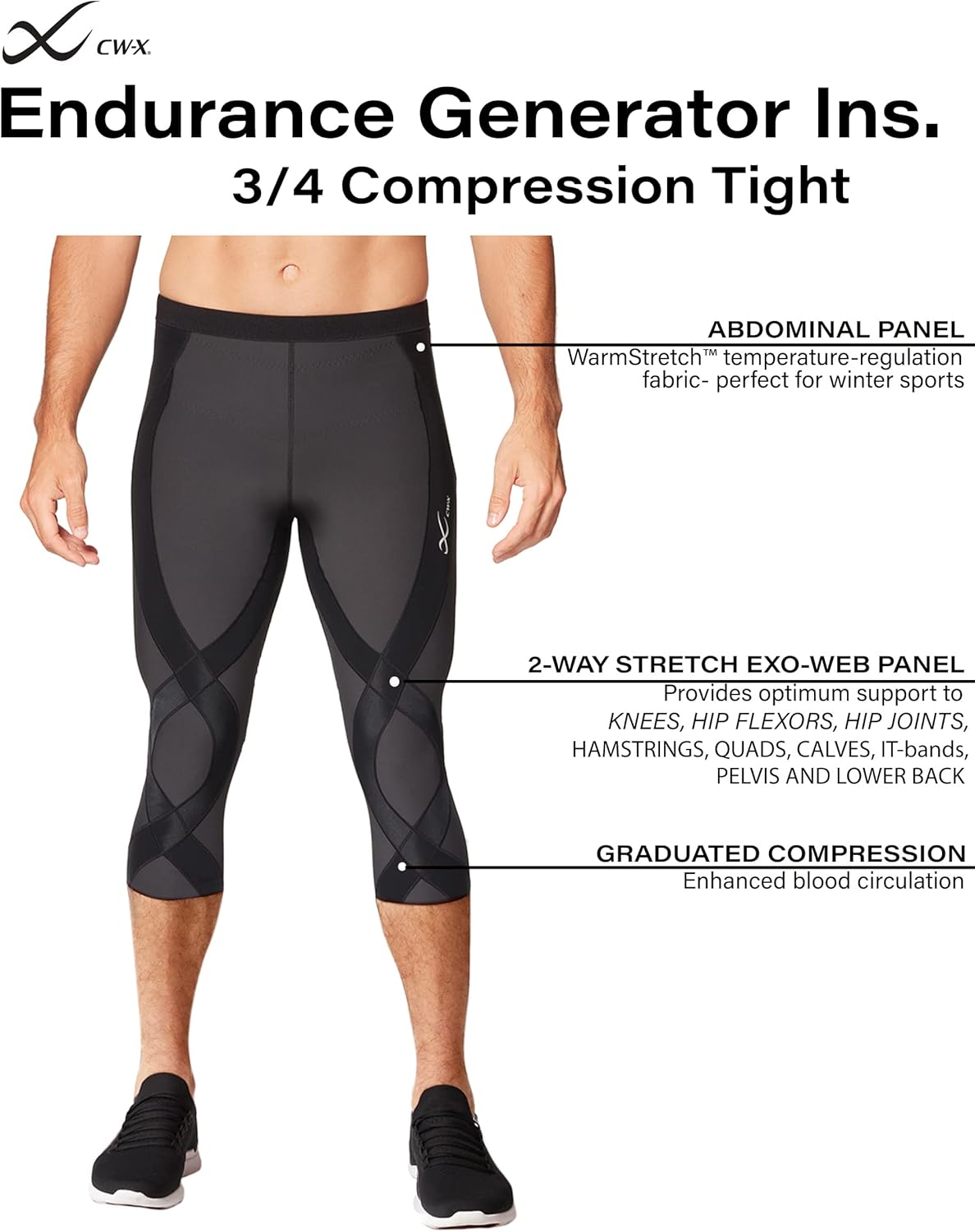 CW-X Men's Endurance Generator Insulator Joint and Muscle Support 3/4 Compression Tight, Base Layer Capri Pants for Skiing - Image 4