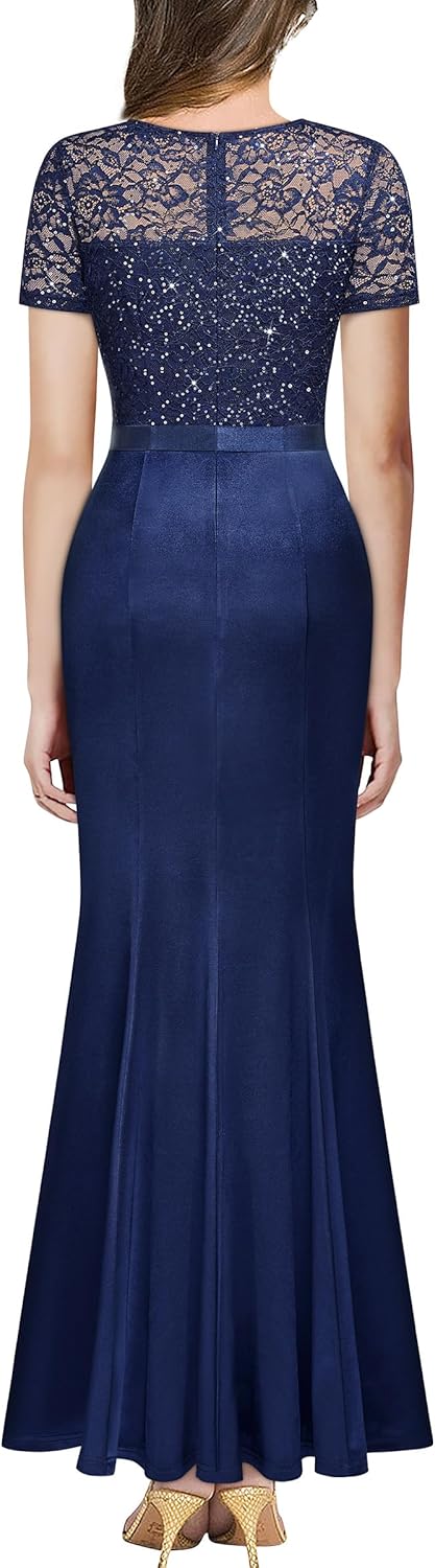 Miusol Women's Elegant Sequin Lace Contrast Ruffle Style Formal Evening Long Dress - Image 2