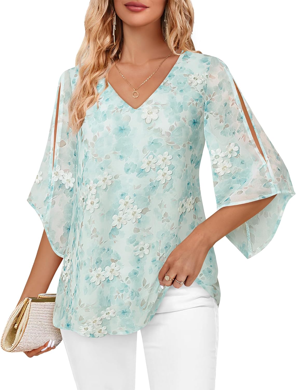 Bebonnie Womens Ruffle 3/4 Sleeve V Neck Double Layers Chiffon Blouses Dressy Tunic Tops