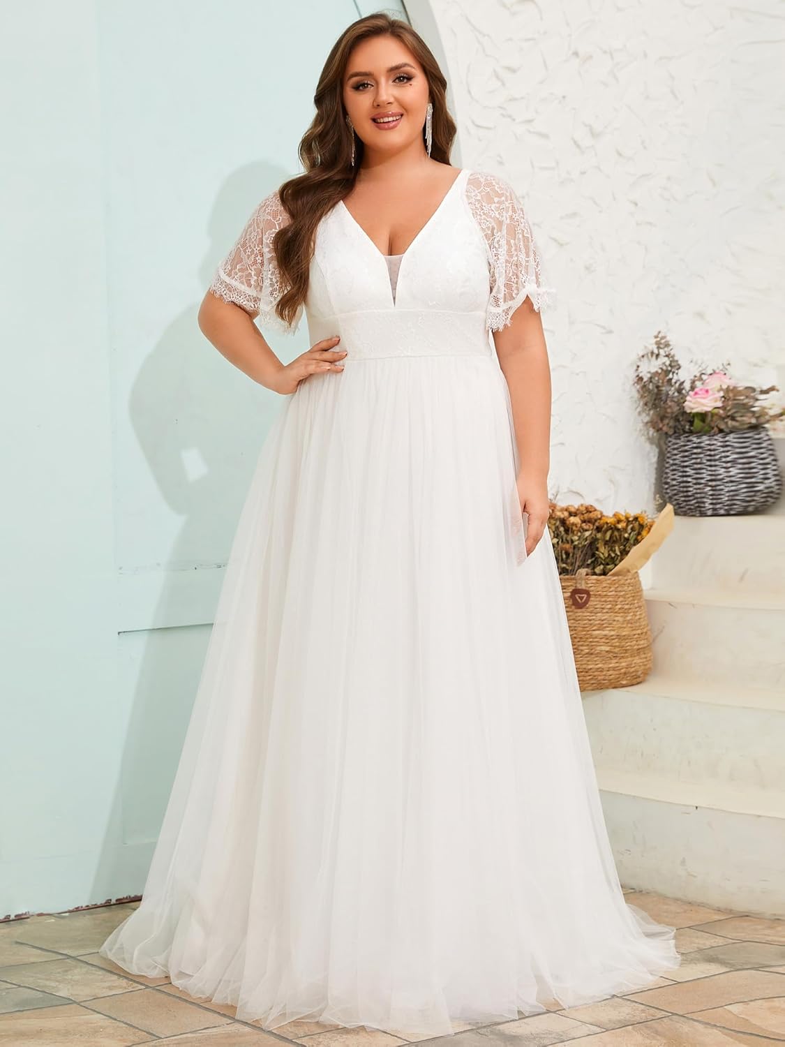 Ever-Pretty Plus Women's Lace V Neck A Line Short Sleeves Long Simple Bridal Gown Plus Size Wedding Dress for Bride - Image 4