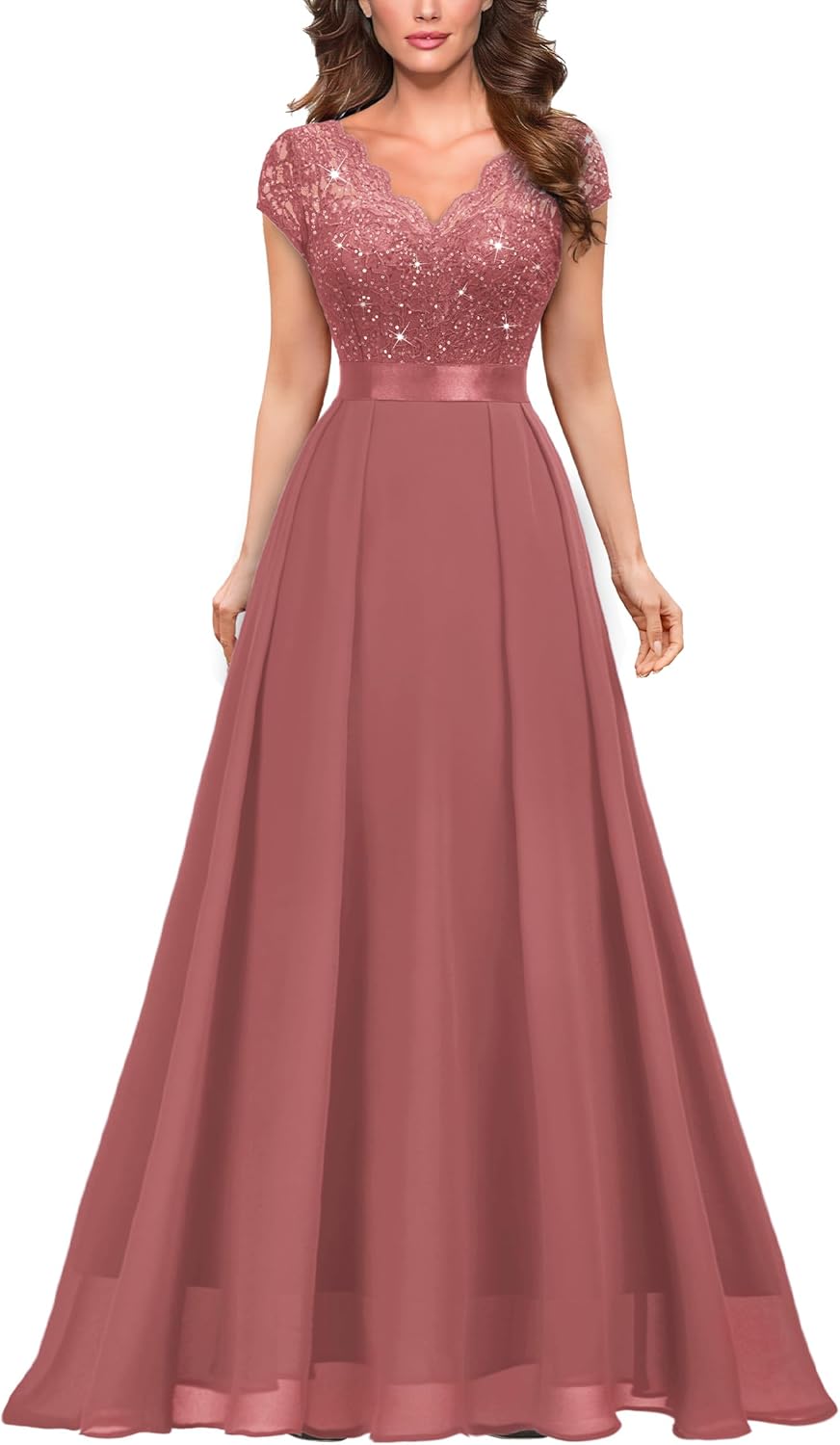 Miusol Women's Elegant V-Neck Cap Sleeve Sequined Floral Lace Formal Party Maxi Dress