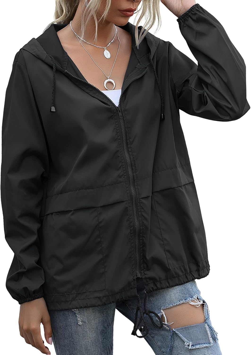 Women's Raincoats Lightweight Waterproof Windproof Adjustable Windbreaker Rain Jackets Hooded with Pockets S-XXL