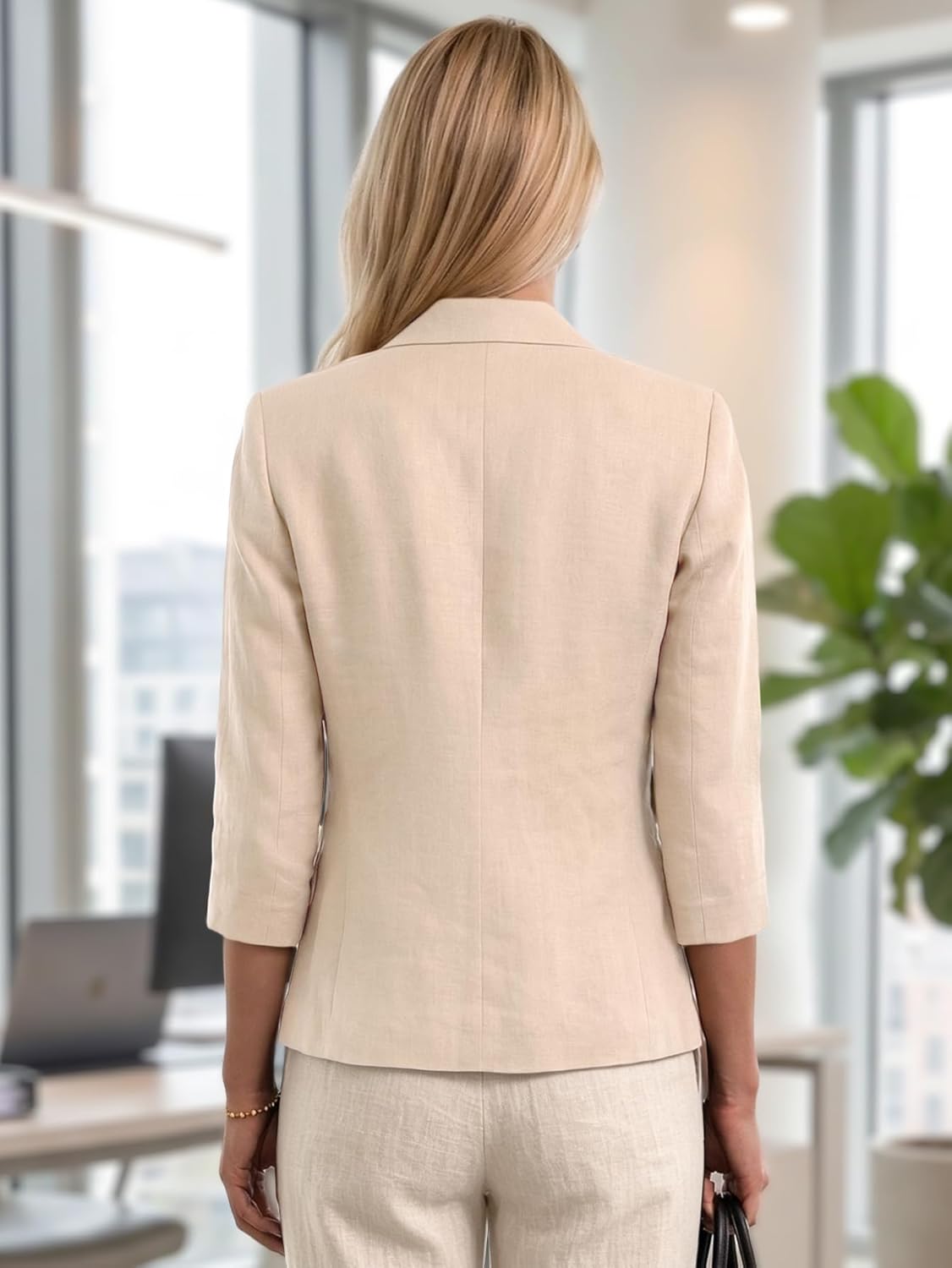 Mina Self 2026 Women's Summer 3/4 Sleeve Linen Blazer - Lightweight Breathable Fully-Lined Slim Office Jacket with Pockets - Image 4