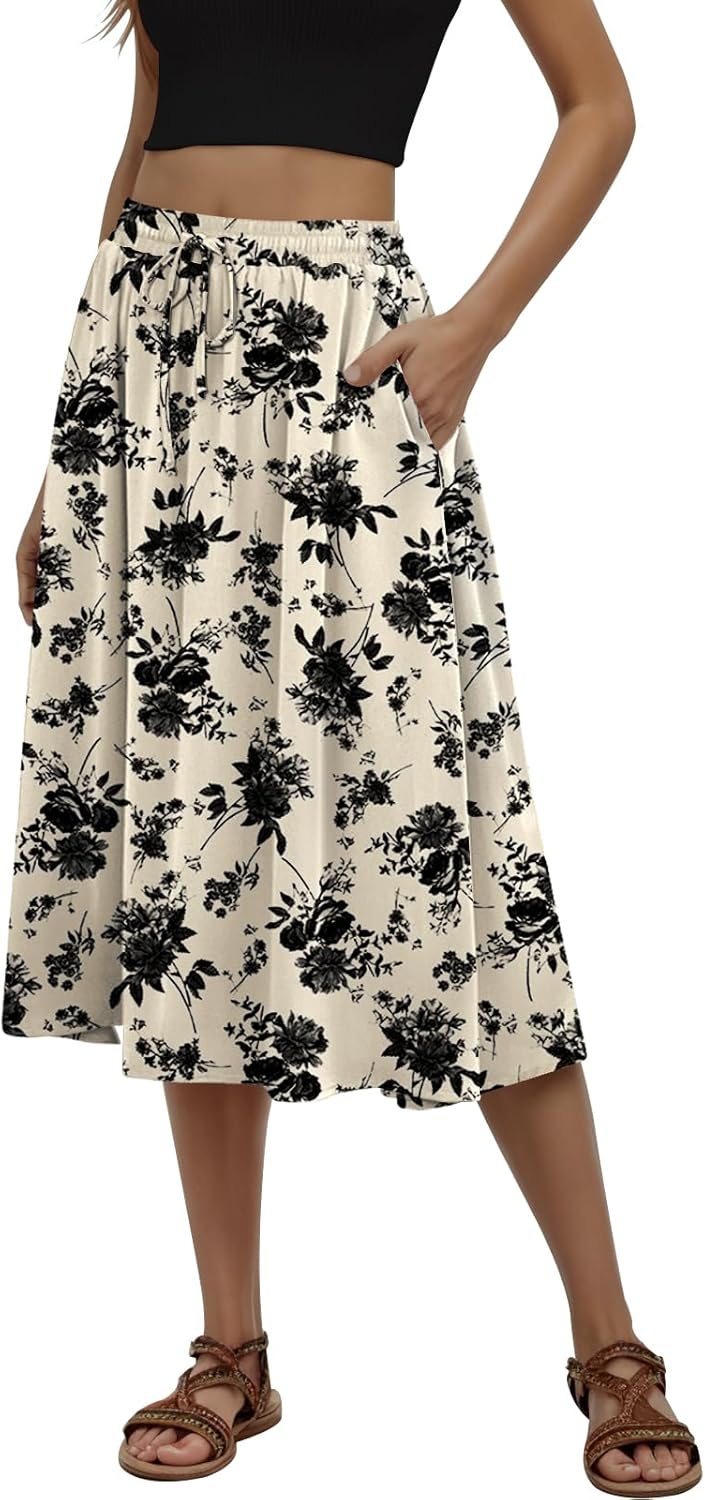 MLXSJ Women's Midi Skirt Summer Pleated Flowy Elastic High Waisted Skirts with Pockets