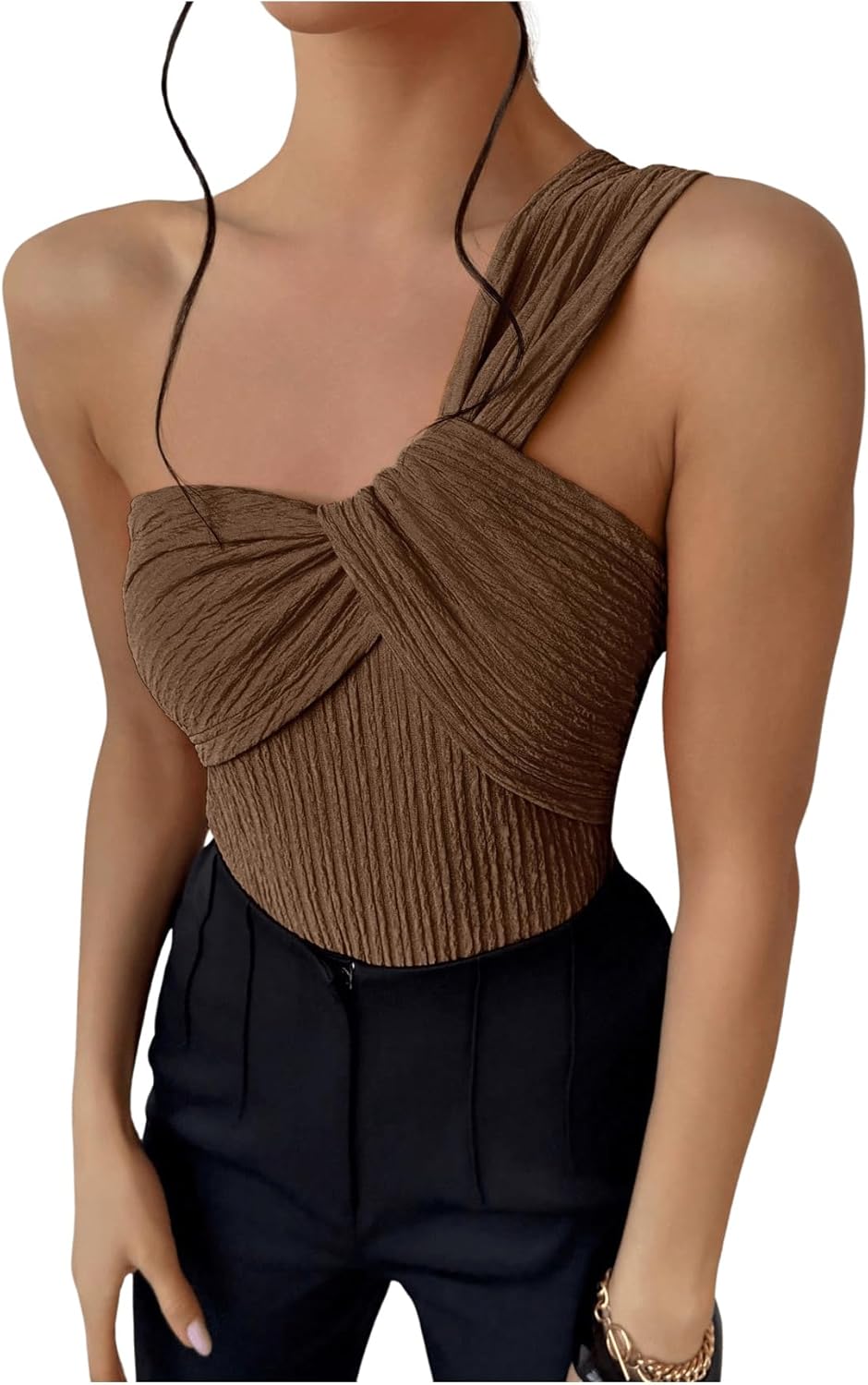OYOANGLE Women's One Shoulder Going Out Bodysuit Tops Asymmetrical Textured Sleeveless Concert Tank Tops