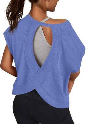 Women Open Back Workout Shirts Shor...