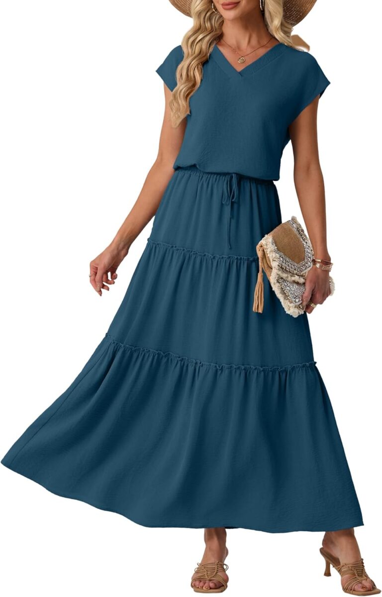 Lepunuo 2 Piece Skirt Sets for Women Flowy Maxi Skirts Cap Sleeve Tops Matching Sets Travel Vacation Outfits with Pockets