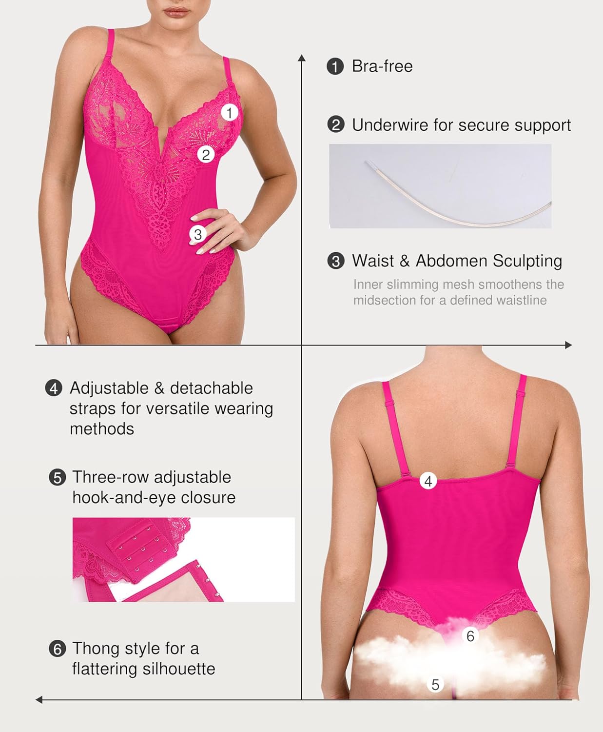 Popilush Shapewear Bodysuits for Women Lace Corset Tops Tummy Control V Neck Sleeveless Body Suit Thongs - Image 3