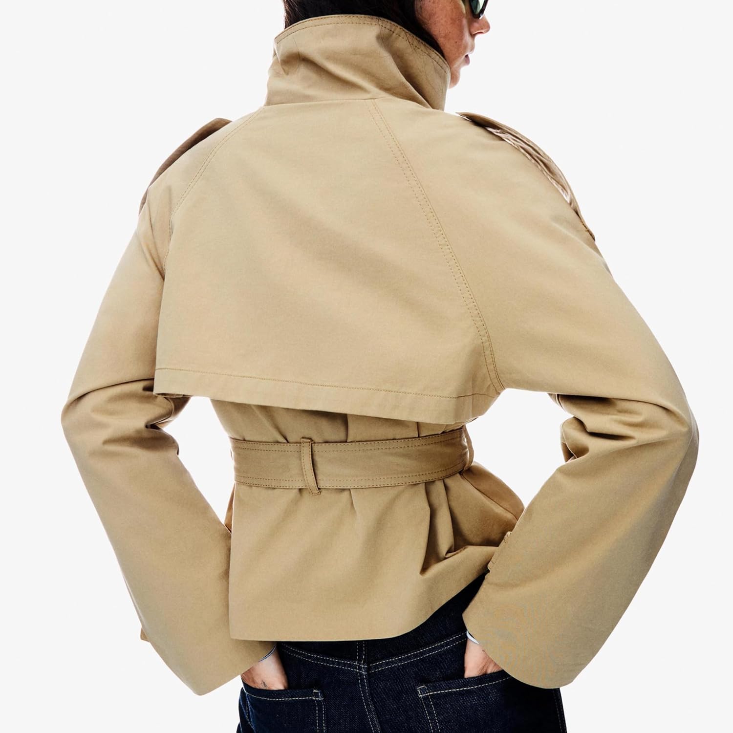 Women's Cropped Trench Coat Double Breasted Short Jacket High Collar Fall Winter Coats Trendy Outfit with Belt - Image 3