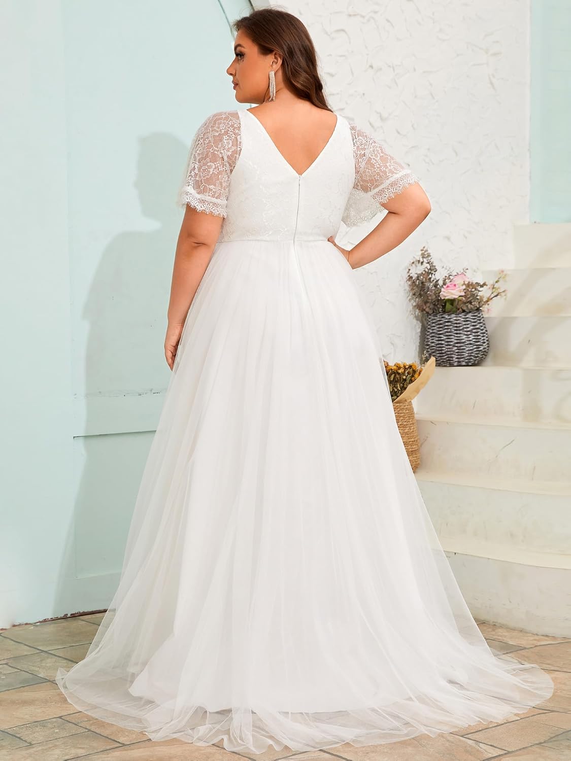 Ever-Pretty Plus Women's Lace V Neck A Line Short Sleeves Long Simple Bridal Gown Plus Size Wedding Dress for Bride - Image 2