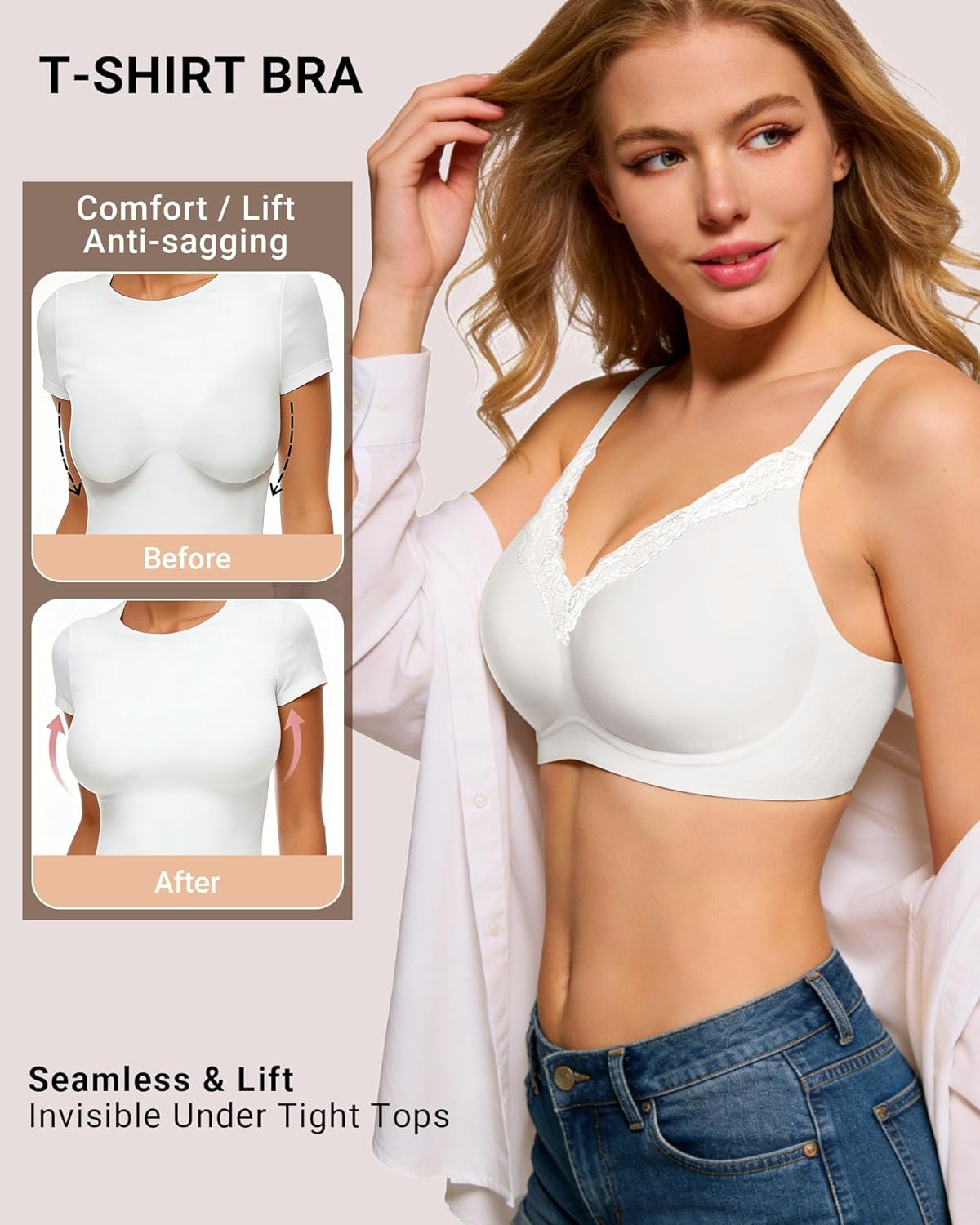 HORISUN Wireless No Underwire Bra for Women V-Neck Lace Trim Jelly Supportive Seamless Bra Comfortable Tshirt Bralette - Image 4