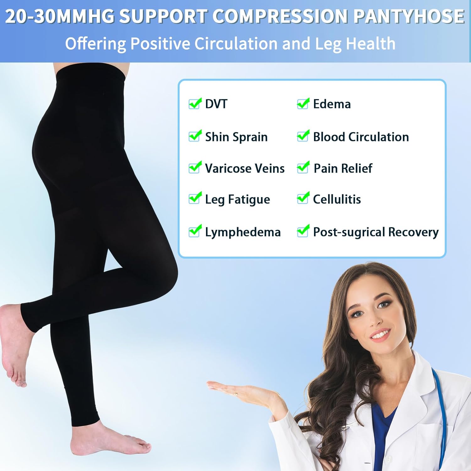 Medical Compression Pantyhose for Women & Men, 20-30mmHg Graduated Support Compression Tights Footless Medical Compression Stockings & Leggings for Edema, Varicose Veins, Swelling(Black,L) - Image 3