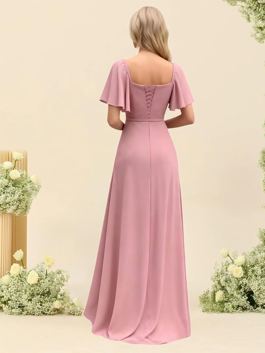Chiffon A Line Bridesmaid Dresses for Women Flutter Sleeve Long Formal Evening Dress with Slit - Image 2