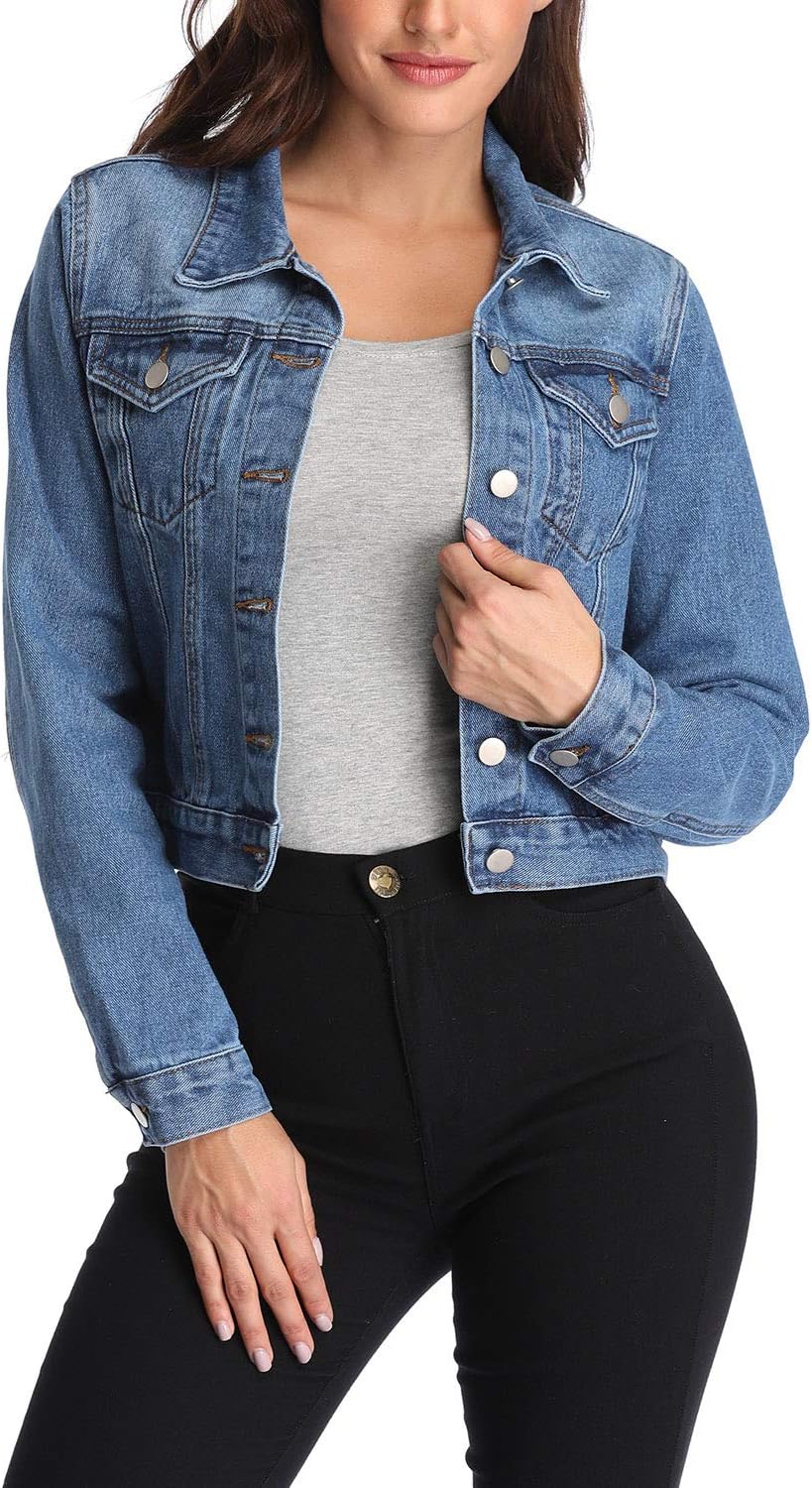 andy & natalie Women's Denim Jackets Cropped Long Sleeve Basic Button Down Crop Jean Shacket with Pockets - Image 2