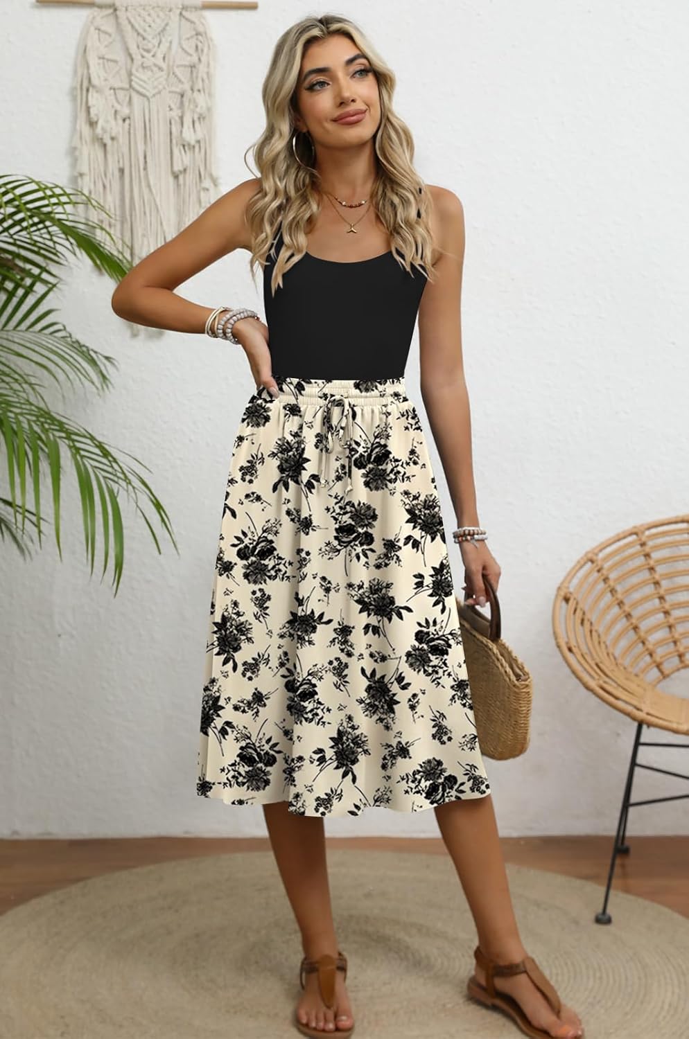 MLXSJ Women's Midi Skirt Summer Pleated Flowy Elastic High Waisted Skirts with Pockets - Image 2